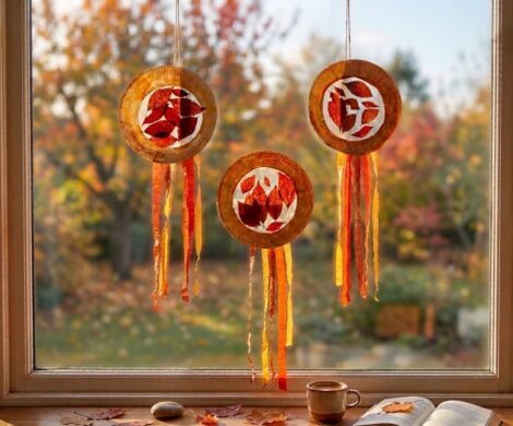 Herbst basteln mit Kindern: Sonnenfänger aus Pappteller und Blättern herbst sonnenfaenger fensterdeko blaetter 470x390 - Herbst basteln mit Kindern: Sonnenfänger aus Pappteller und Blättern