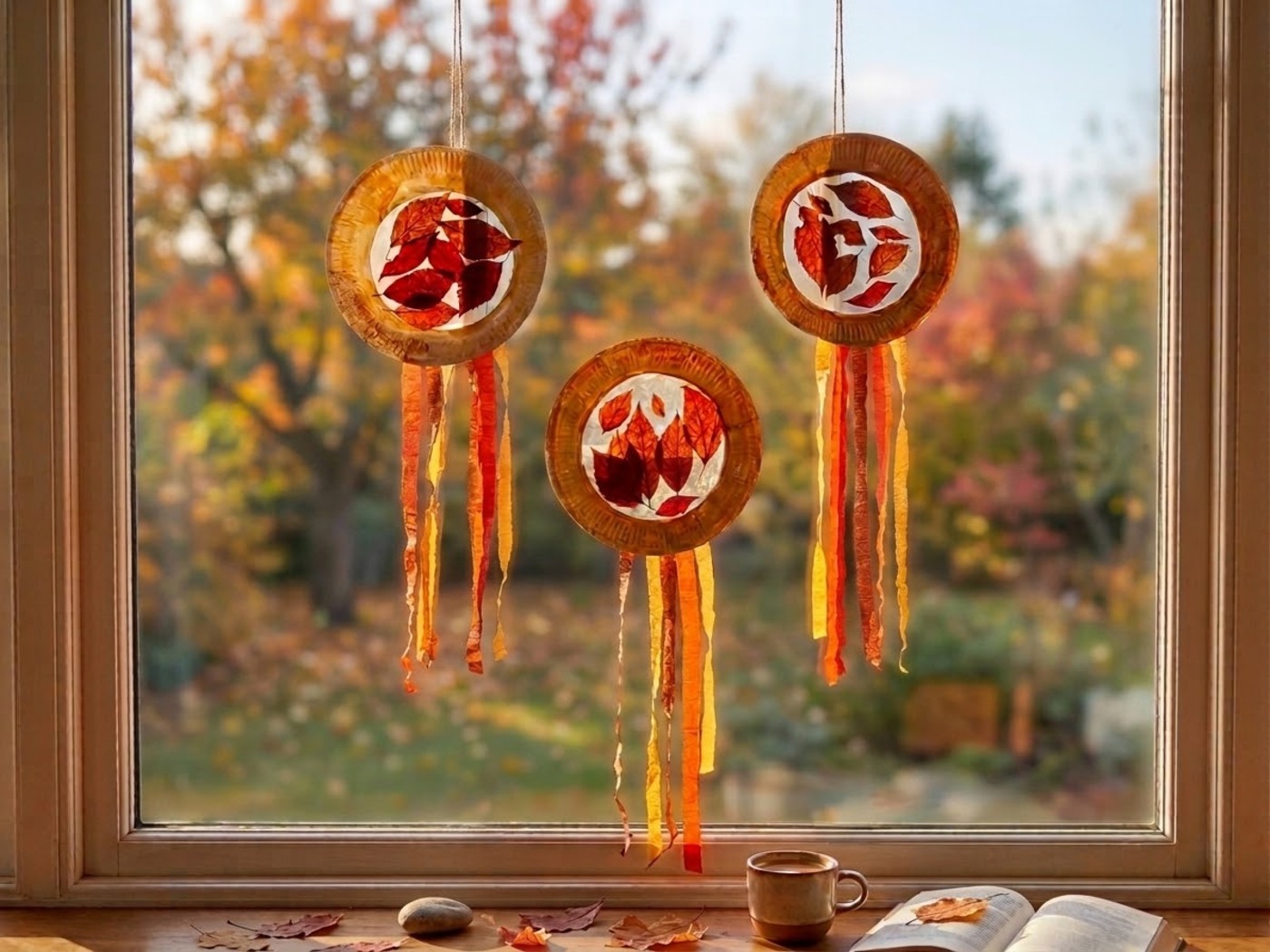 Herbst basteln mit Kindern: Sonnenfänger aus Pappteller und Blättern herbst sonnenfaenger fensterdeko blaetter - Herbst basteln mit Kindern: Sonnenfänger aus Pappteller und Blättern